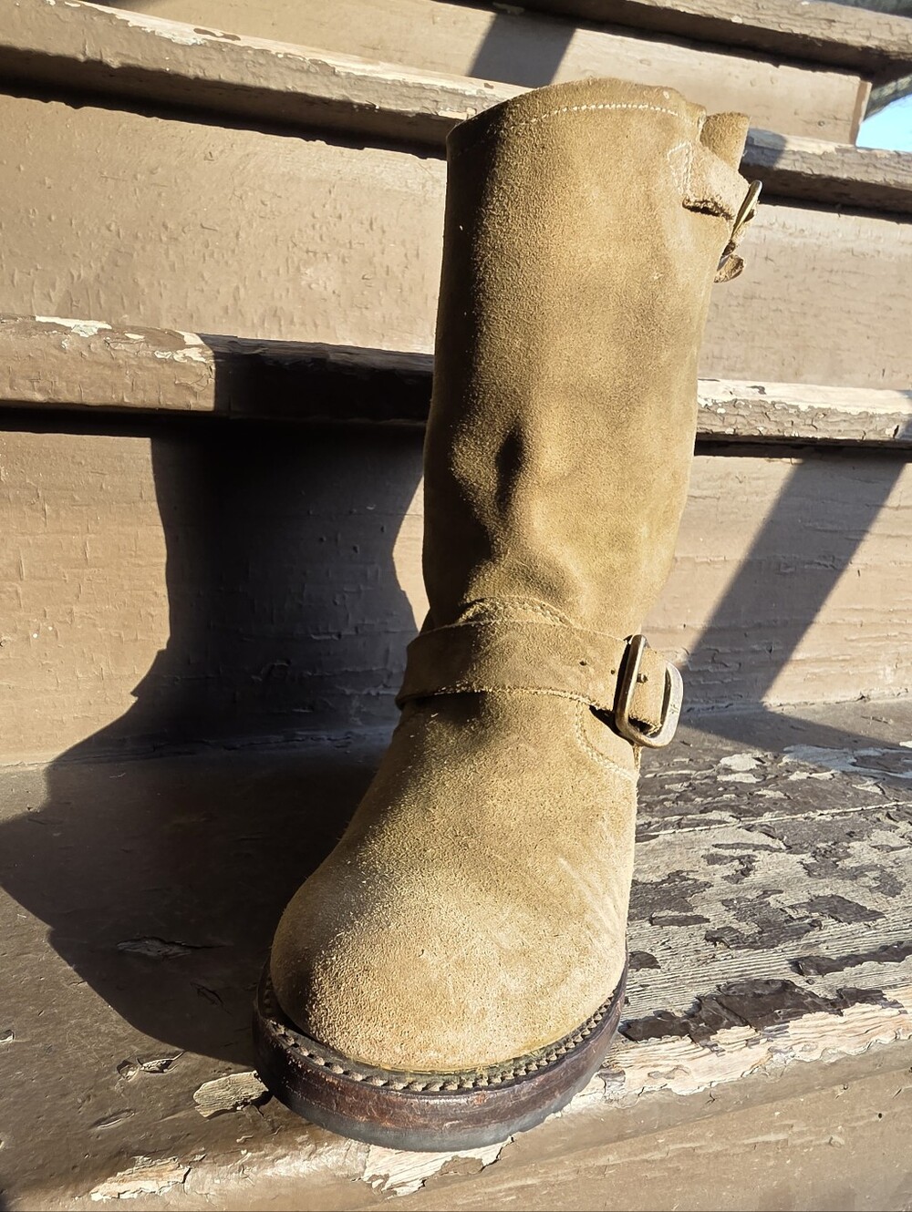 Frye Veronica Short 70590 Womens Green Tan Suede Hook & Loop Engineer Boots - Picture 6 of 15